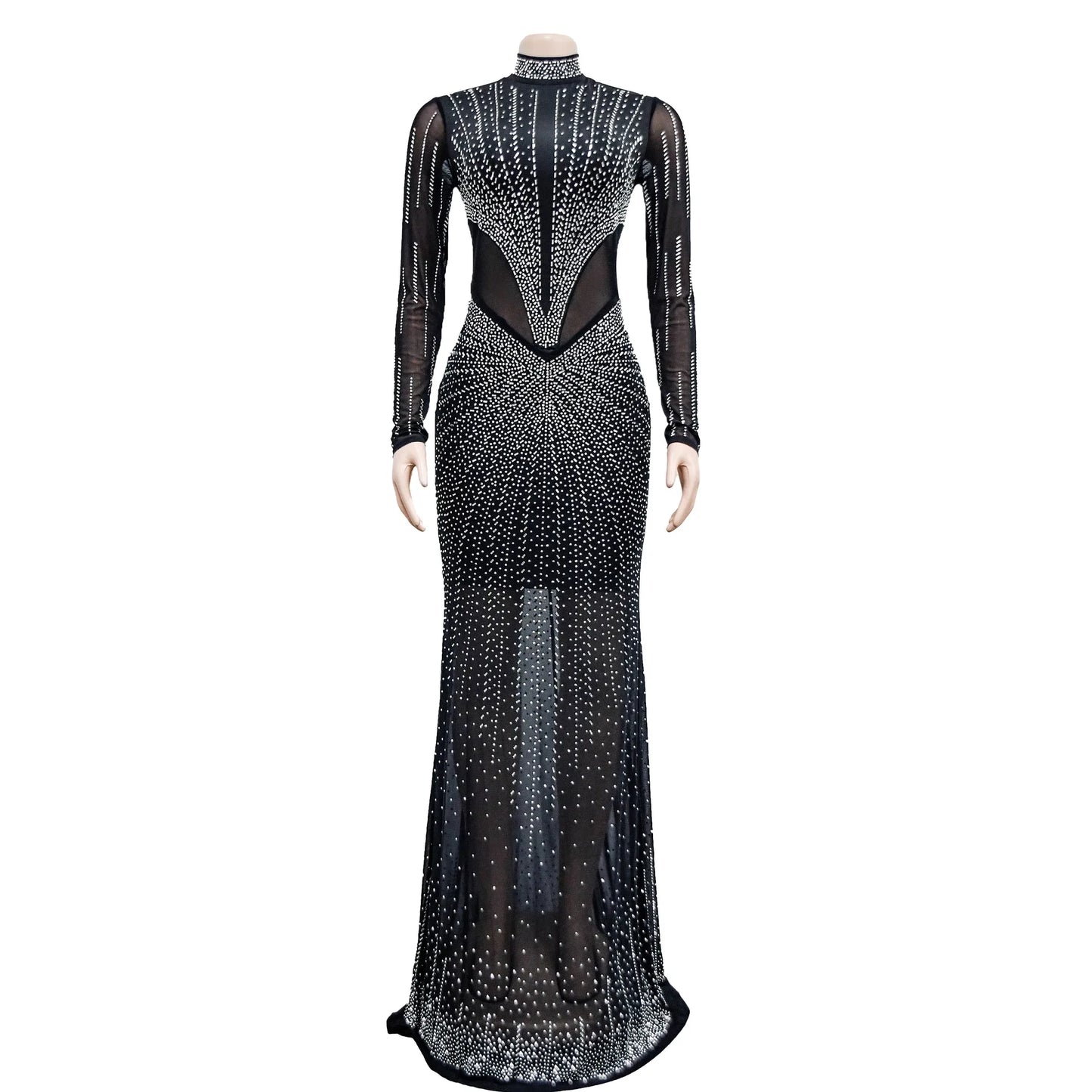 Vêtements 2023 strass maille Patchwork transparent transparent manches longues Midi moulante Maxi robe pour les femmes anniversaire Sexy fête