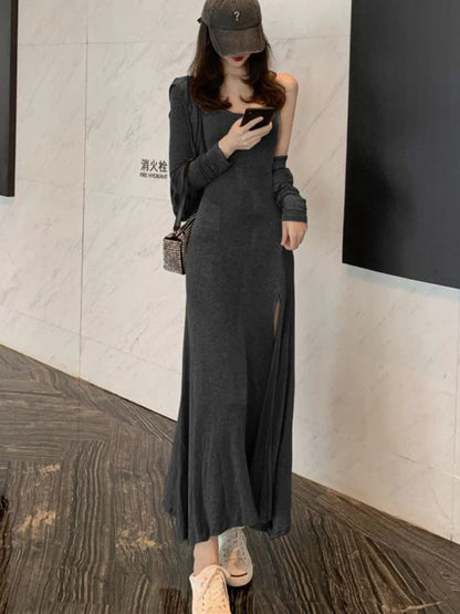 Two Pieces Sets Women Elegant Streetwear Hooded Jackets Side-slit Dresses Spring New Hotsweet Sexy Korean Style Casual Fashion