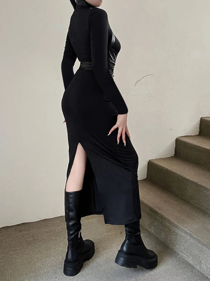 Robe longue noire moulante pour femmes, vêtements à col roulé, Slim, Sexy, Streetwear, taille haute, Patchwork, tenue d'automne