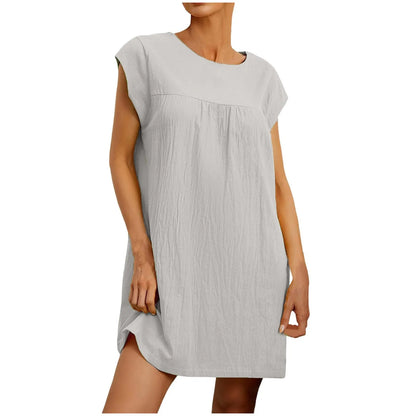 Women's Summer Casual Solid Color Short-sleeve O-neck Stitching Loose Pocket Cotton Linen Dress vestidos para mujer 신상원피스