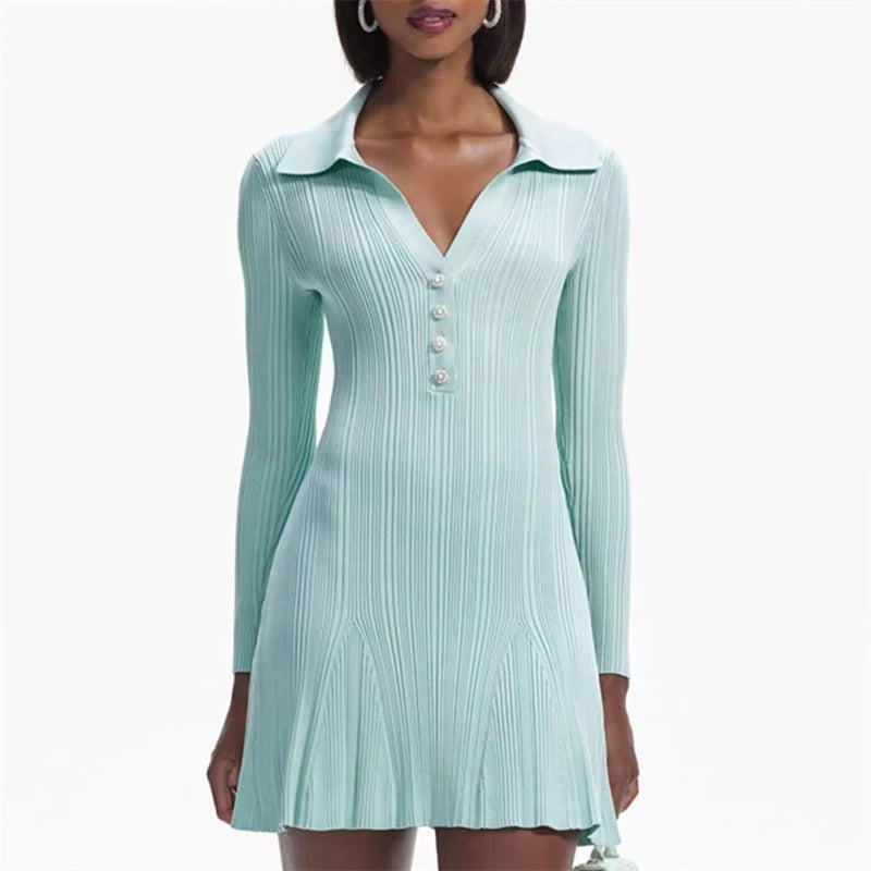 2024 Frühjahr und Sommer Neue Damen Polokragen Mintgrün Exquisites und elegantes langärmeliges Strickkleid Y2K Casual A-Linie Ski