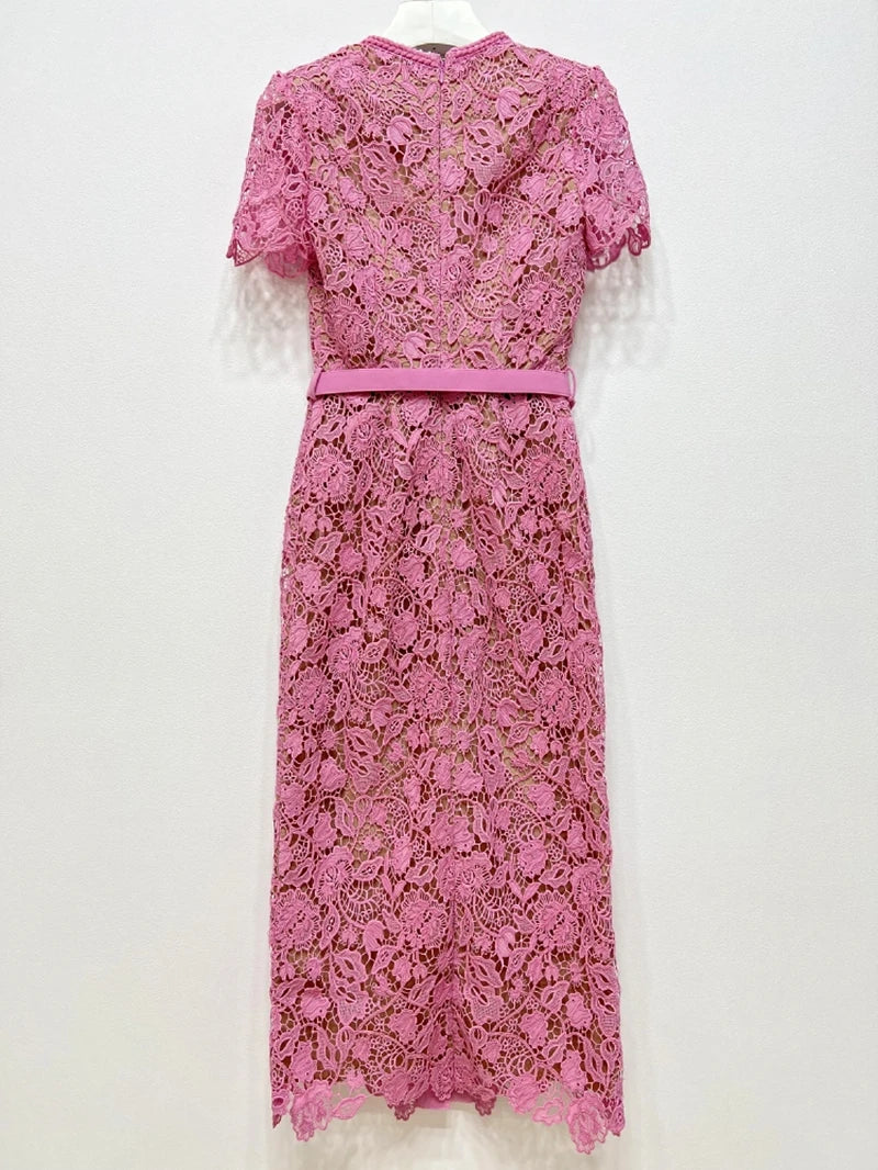 2023 frühjahr Neue Stil Wasser-Löslich Spitze Gespleißt Kurzarm Sexy Rosa Frauen Midi Kleid Floral Aushöhlen Einreiher Kleid