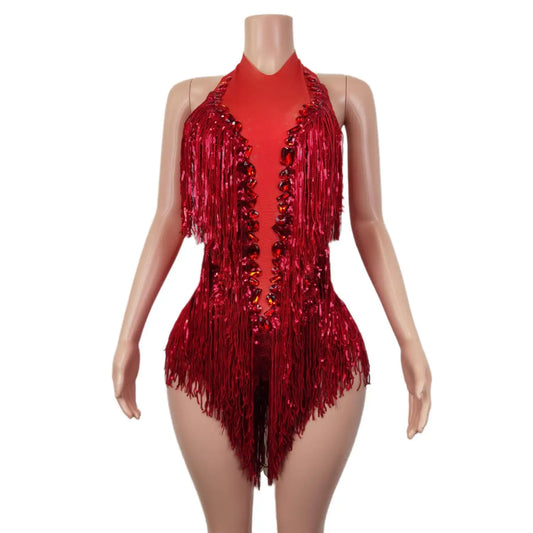 Clignotant rouge paillettes franges strass Transparent body femme soirée anniversaire célébrer Costume danseur justaucorps Shuye