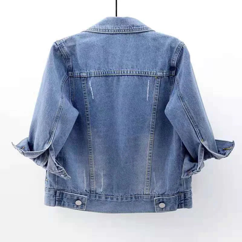 Frühling Sommer Halbarm Frauen Kragen Distressed Mantel Damen Washed Cropped Denim Jacke Mädchen Ripped Jean Cardigan Schal