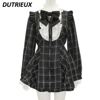 Tenues douces SC costume japonais Mine Plaid chemise à manches longues amour coeur nœud papillon chaîne produit en série robe et jupe-culotte ensemble