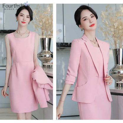 2023 elegante Rosa Kleid Anzüge Frauen Mode-Business Anzug Blazer Set Büro Dame Arbeit Formale 2 Stück Set Weibliche Kleidung Outfits