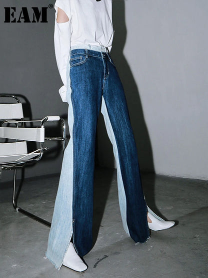 [EAM] bleu contraste couleur fendu Joint longue jambe large jean nouveau taille haute ample femmes pantalon mode printemps automne 2024 1T276