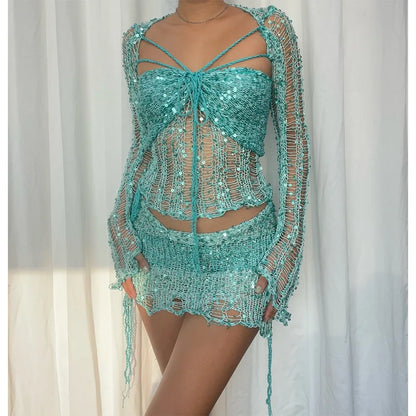 Robe tricotée au Crochet, ensemble jupe deux pièces, vêtements d'hiver pour femmes, hauts courts sexy, robe élégante en tricot à paillettes, ensemble 2 pièces, 2023