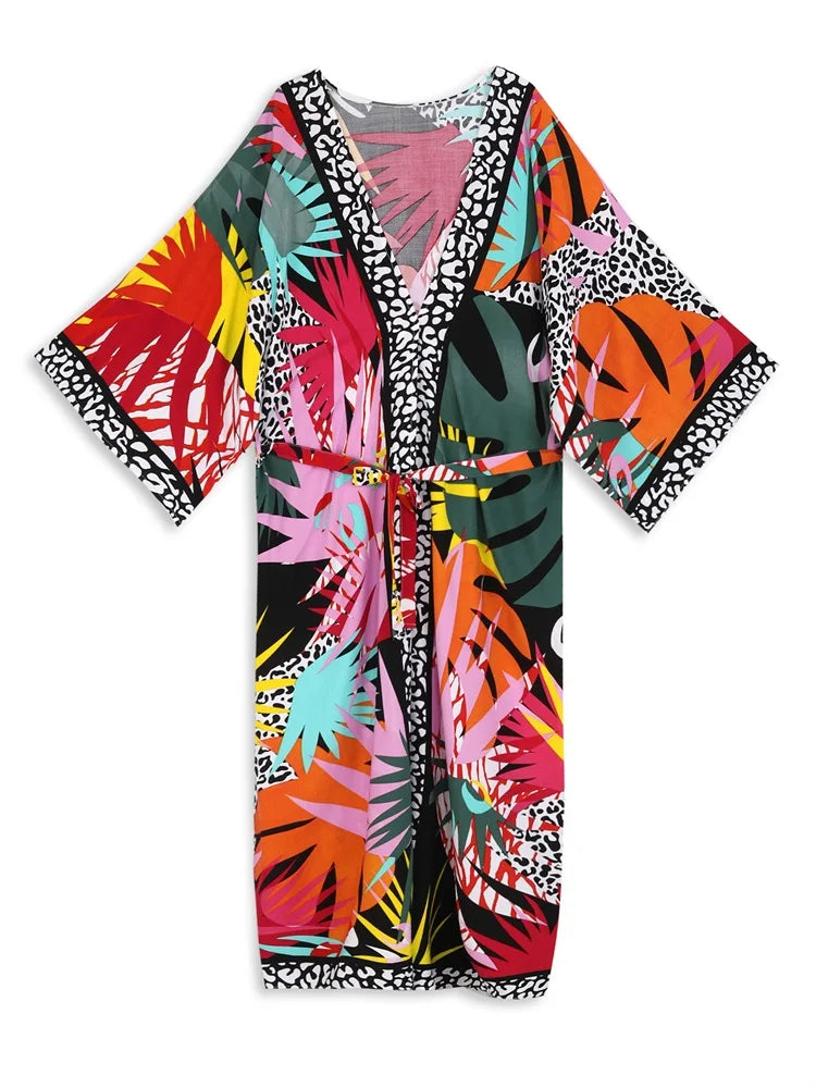 Bohème imprimé grande taille manches chauve-souris ceinture longues robes kimono été 2024 femmes vêtements de plage amples maillot de bain couvrir Q1512