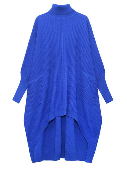 [EAM] Women Blue Irregular Back Long Big Size Knitting Dress New Turtleneck Long Sleeve Fashion Tide Spring Autumn 2024 1DF9757