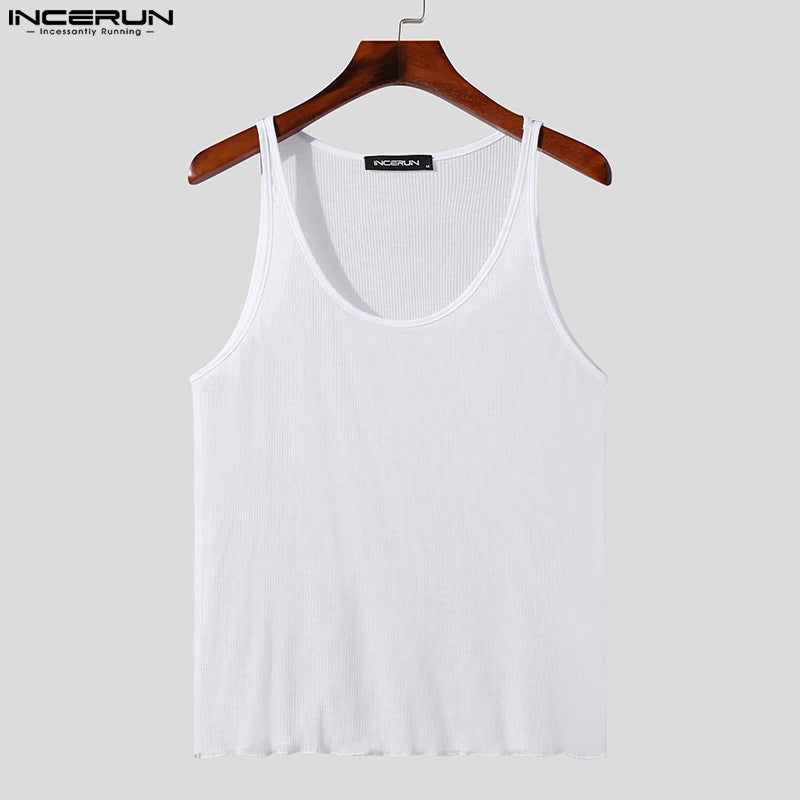 2023 männer Tank Tops Solide Oansatz Ärmellose Atmungsaktive Durchsichtig Sexy Westen Streetwear Fashion Dünne Männer Kleidung INCERUN S-5XL