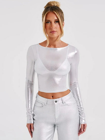 Haut court en soie brillante pour femmes, vêtements esthétiques à manches longues, t-shirt à col rond, Slim, accessoires Y2k, Roupas Femininas Estilosas d'automne