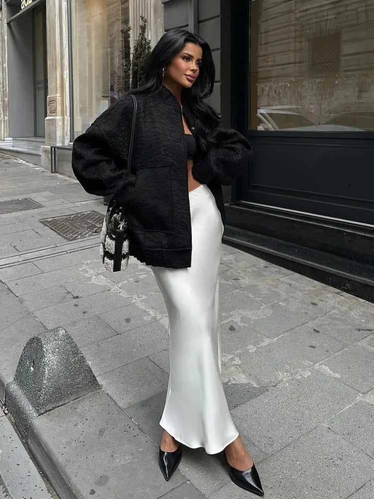 Tossy White Satin High Waist Long Skirt Female Elegant Slim Patchwork Fashion Streetwear Ladies Solid Autumn Casual Maxi Skirt