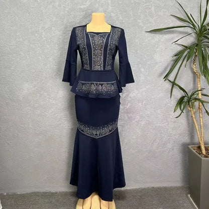 2023 mode Hochzeit Party 2 Stück Kleid Sets Rock Und Tops Anzüge Für Frauen Elegante Ankara Türkei Afrika Dashiki Diamanten Kleid