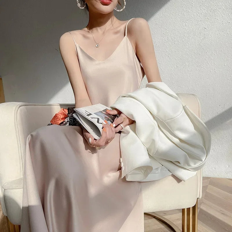 100% Silk 2023 Summer Women's New V-neck Slim Dress Satin Ladies Sexy Suspender Dress Long Dress