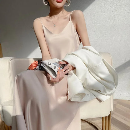 100% Silk 2023 Summer Women's New V-neck Slim Dress Satin Ladies Sexy Suspender Dress Long Dress