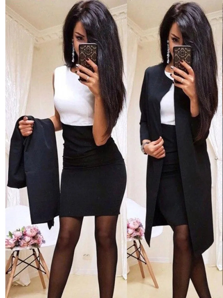 Nähte Blazer Sets Lange Mantel Sets Business Frauen Kleid Anzüge Einfarbig Strickjacke Hohe Taille Kleider Sets