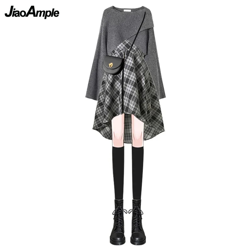 Women's Dress Set 2024 Spring Autumn Vintage Knitted Sweater+Plaid Suspender Skirt Two-piece Korean Chic New in Matching Suit