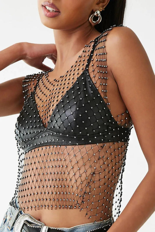 Résille paillettes strass haut court Sexy évider maille pure femmes plage Y2K Camis cristal diamant Club Rave fête débardeurs