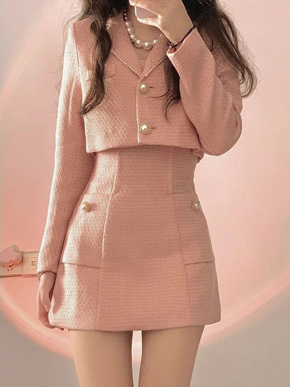 Autumn Pink Elegant Two Piece Set Women Korean Style Balzer Coat+Strap Mini Dress Set Female Solid Casual Slim Designer Set 2024