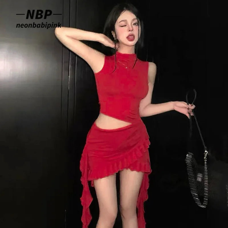 NEONBABIPINK Y2K Sexy Ruffle Cut Out Red Long Dress for Women Elegant Korean Fashion Asymmetrical Dresses Clubwear N85-EZ25