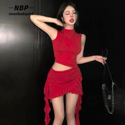 NEONBABIPINK Y2K Sexy Rüschen Cut Out Rotes Langes Kleid für Frauen Elegante Koreanische Mode Asymmetrische Kleider Clubwear N85-EZ25