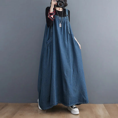 2024 neue Frauen Mode Frühjahr Herbst Lange Kleid Retro Lose Abnehmen Denim Hosenträger Rock Kleider Lange Große Schaukel Kleid y2k