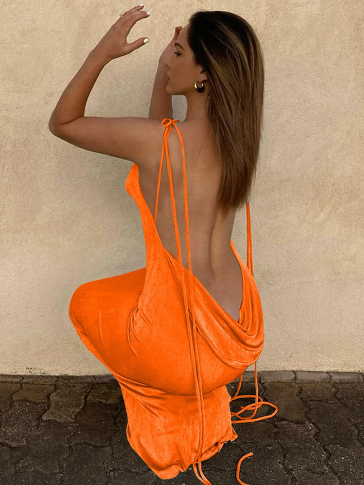 Hugcitar Swing Collar Backless Sleeveless Drawstrings Hollow Out Slit Sexy Maxi Prom Dress 2023 Summer Women Party Y2K Robe