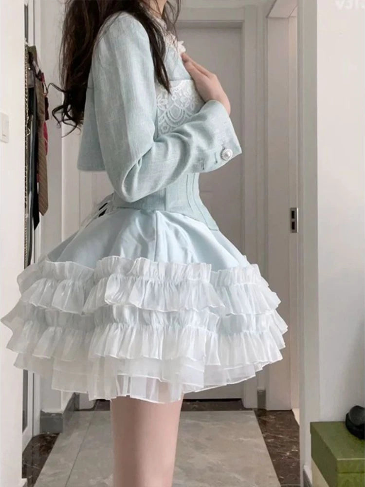 Blue Sweet Kawaii Two Piece Set Women Summer Sexy Elegant Party Mini Dress Suits Female Lolita Cute Dress + Long Sleeve Coat New