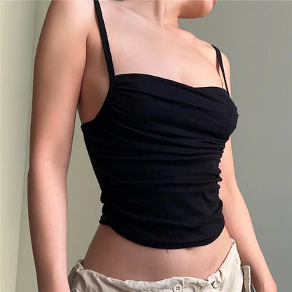 Xeemilo Spaghetti Straps Ruched Tank Top Casual All-matching Low-cut Backless Crop Tops 2023 Simple Underwear Bodycon Corsets