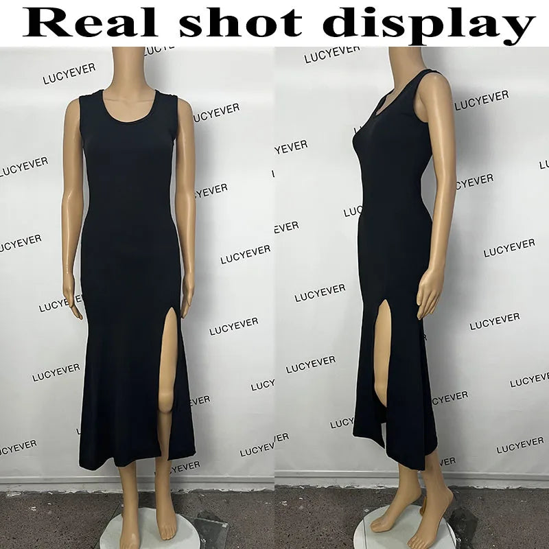 Robe noire sans manches à bretelles pour femmes, Sexy, coupe ajustée, fente latérale, Maxi irrégulière, été, coréenne, Simple, une pièce