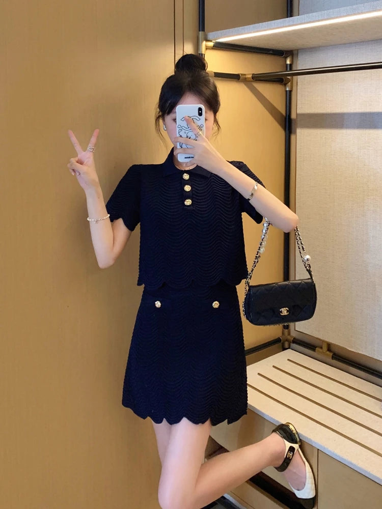 2024 Summer French Temperament Wave Texture Knit  2 Pieces Sets Dress Women Lape Short Sleeves Buttons Top + A-line Mini Skirt