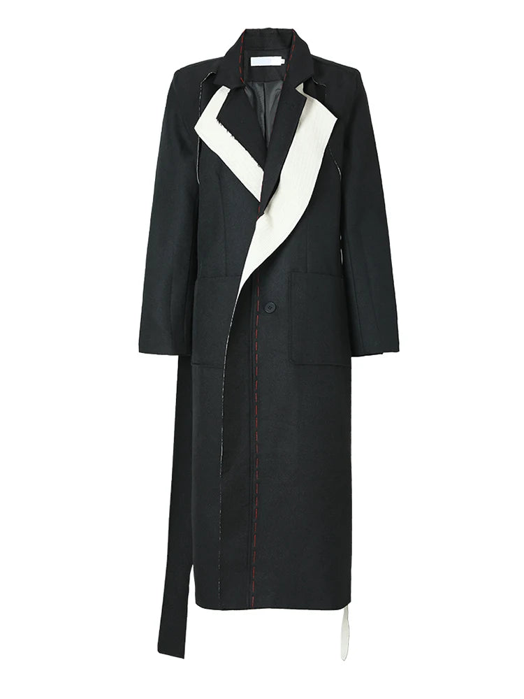 [EAM] femmes noir surpiqué longue grande taille Trench nouveau revers à manches longues coupe-vent ample mode printemps automne 2024 1W51909