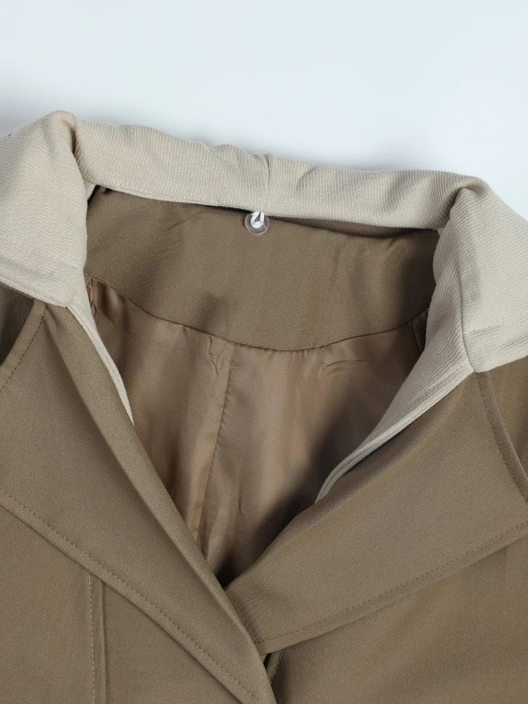 [EAM] Women Khaki Double Breasted Big Size Trench New Hooded Long Sleeve Windbreaker Fashion Tide Spring Autumn 2024 2R765604