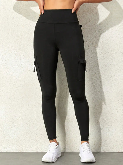 Sexy Fashion Slim Fit Solid Wide Waistband Running Exercise Yoga Stretch Pockets Tinker Cargo Leggings