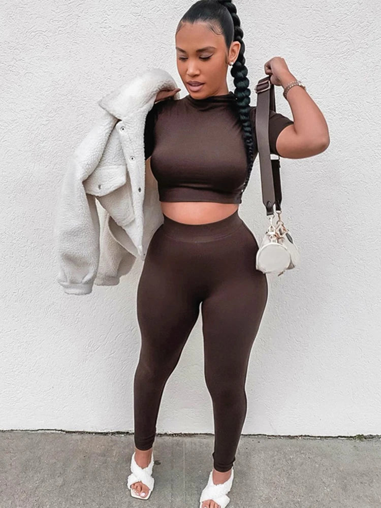 Hugcitar Solide Frauen 2 Stück Set Kurzarm Crop Top Hohe Taille Leggings Outfits Sportswear Passenden Co ords Anzug Kleidung