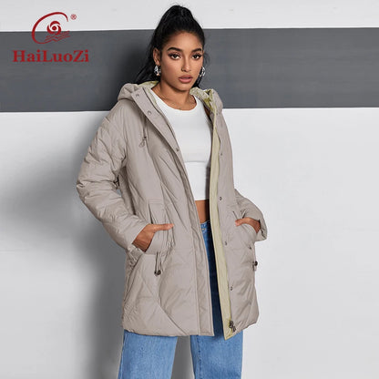 HaiLuoZi 2024 Neue Frühjahr frauen Mantel Mid-Lange Dünne Baumwolle Schlank Parkas Schräg Taschen Mit Kapuze Zipper Stil Frauen Jacke 12113