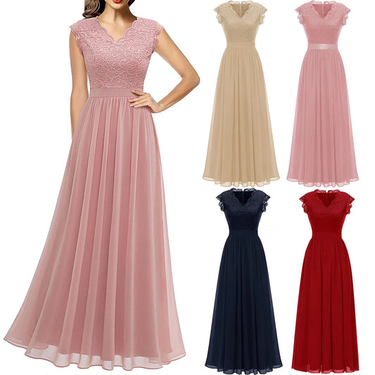 Women's V Neck Sleeveless Lace Patchwork Chiffon Wedding Party Bridesmaid Long Dress