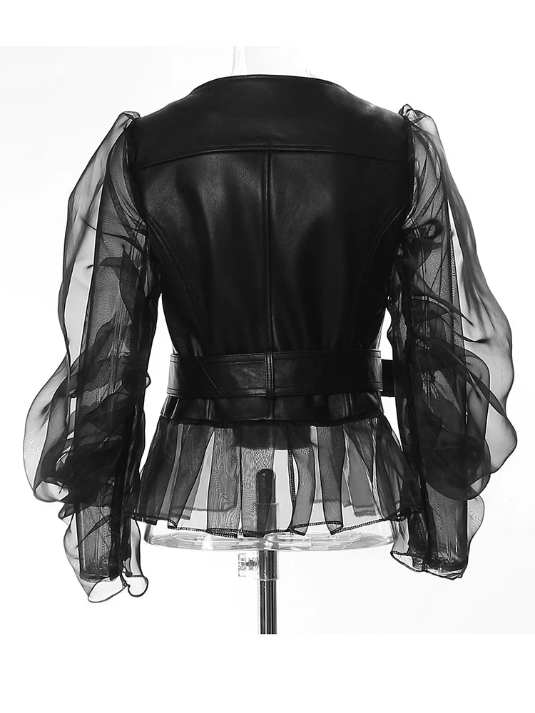 [EAM] coupe ample noir en cuir Pu maille veste élégante nouveau revers à manches longues femmes manteau mode marée printemps automne 2024 17A8517