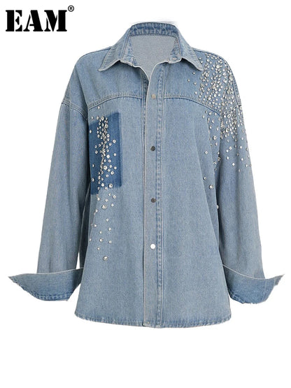 [EAM] Loose Fit Blue Denim Rhinestones Big Size  Jacket New Lapel Long Sleeve Women Coat Fashion Tide Spring Autumn 2024  7AB878