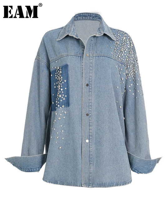 [EAM] coupe ample bleu Denim strass grande taille veste nouveau revers à manches longues femmes manteau mode marée printemps automne 2024 7AB878