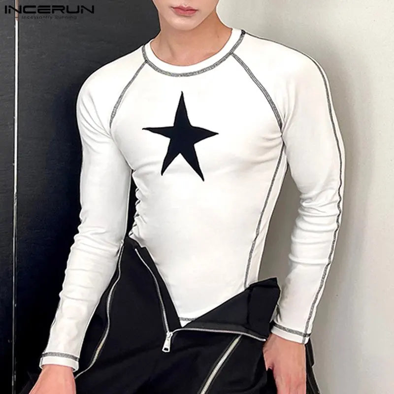 2023 männer T Shirt Druck Oansatz Langarm Fitness Streetwear Casual Männer Kleidung Herbst Koreanischen Stil T Tops S-5XL INCERUN