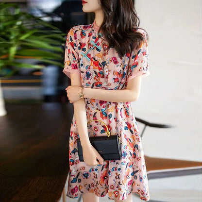 Vintage Printed Spliced Loose Bow Asymmetrical Mini Dress Women's Clothing 2023 Summer New Short Sleeve Office Lady Floral Dress