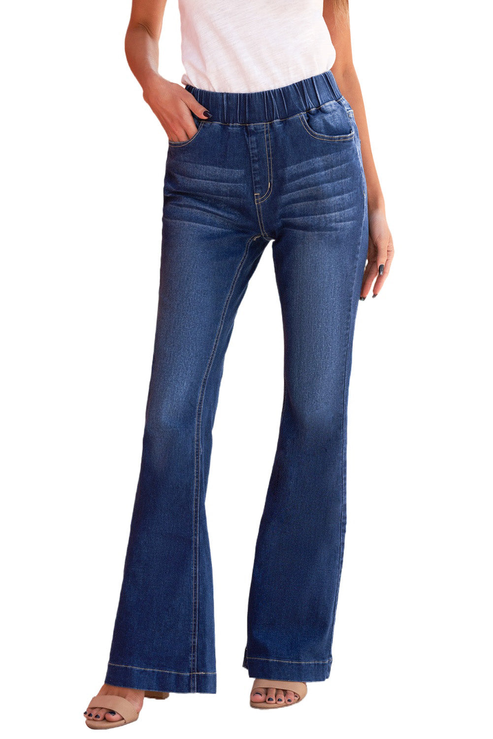 Blue High Rise Elastic Waist Flare Jeans