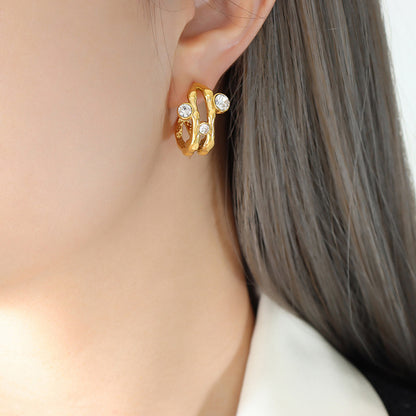 18K gold light luxury fashion C-shaped hollow inlaid zircon design simple wind earrings