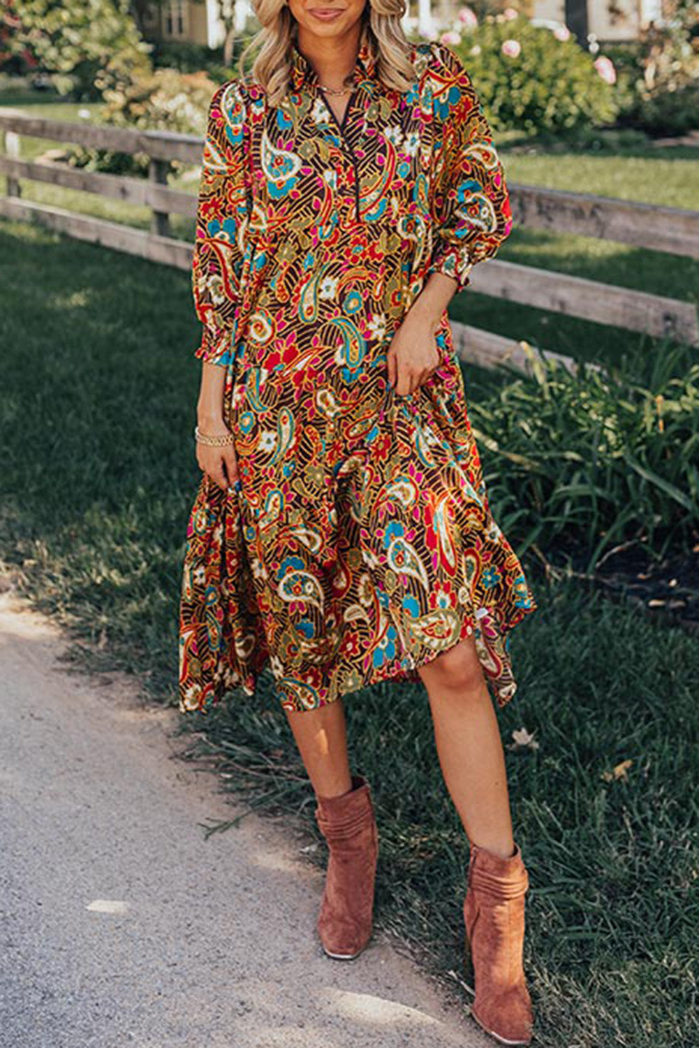 Yellow Paisley Abstract Print Collared 3/4 Sleeve Midi Dress