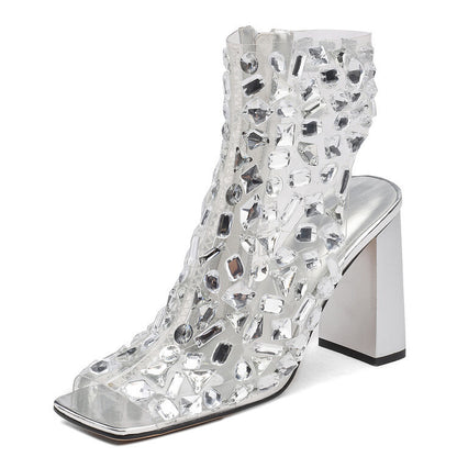 Bottes sandales d'été creuses à talons hauts avec strass de grande taille pour femmes