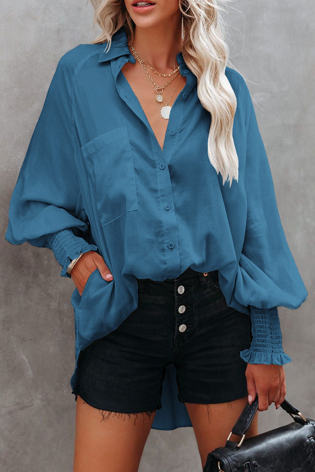 Blue Billowy Sleeves Pocketed Shirt