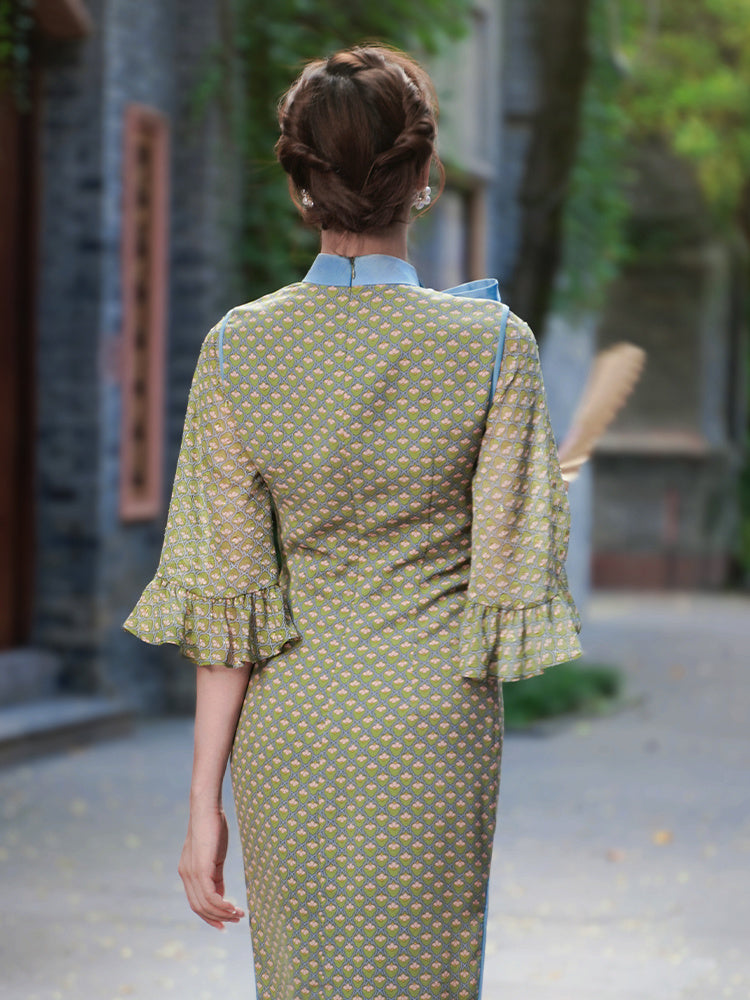 Robe améliorée pour femme Cheongsam verte