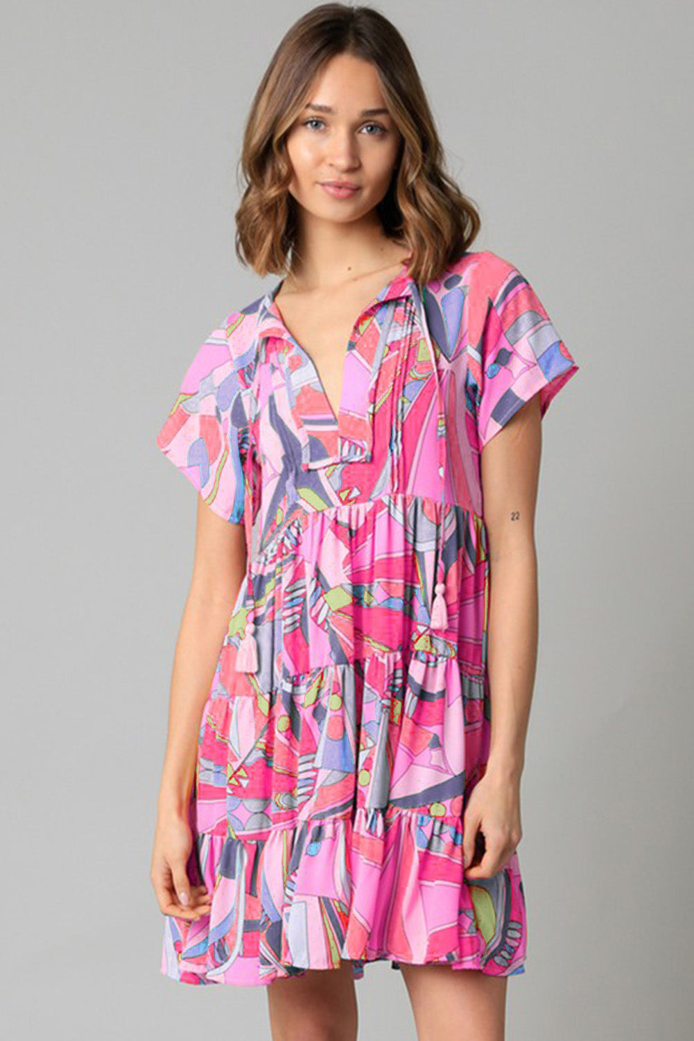 Multicolor Abstract Print Split V Neck Short Sleeve Tiered Dress